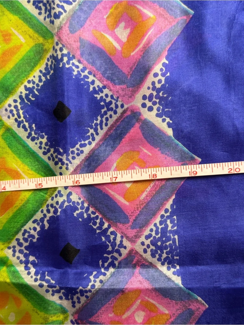 VTG Pure Silk Vibrant Geometric Scarf Blue with Multi-Color Squares 16.5” x 42”